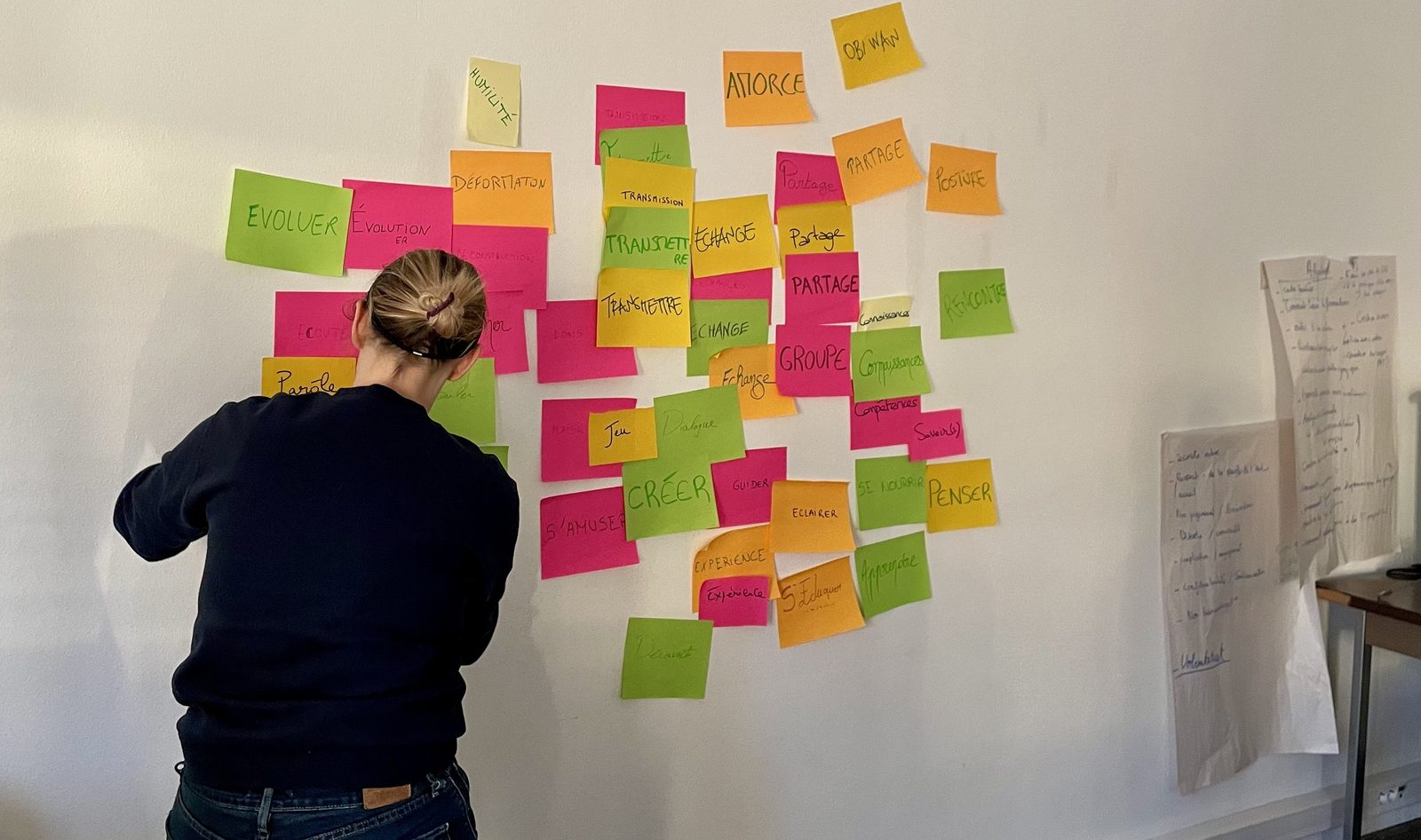 Une formatrice devant un mur de post-its où les participants ont inscrit des mots comme évoluer, partage, transmettre, créer